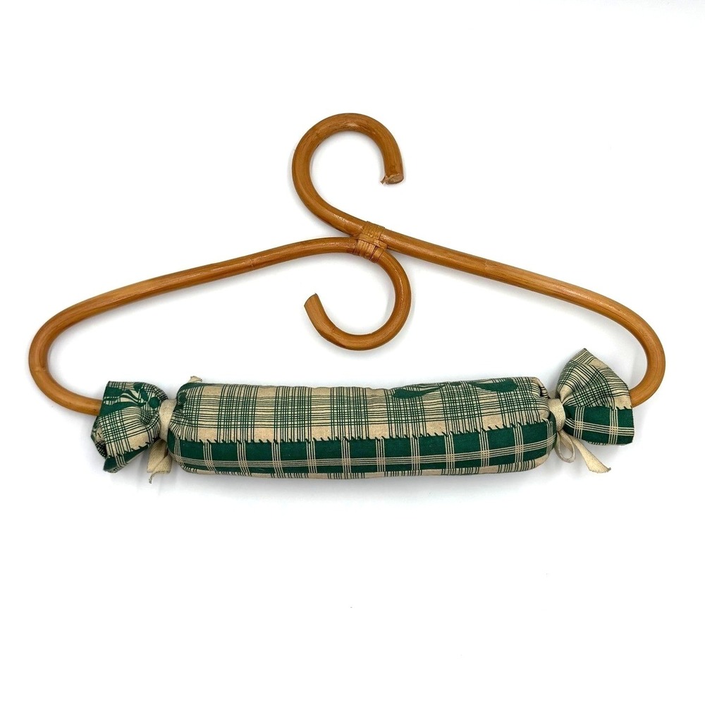 Vintage Rattan Clothes Hanger Padded Bar Green Plaid‎ Candy Wrapper Style Decor